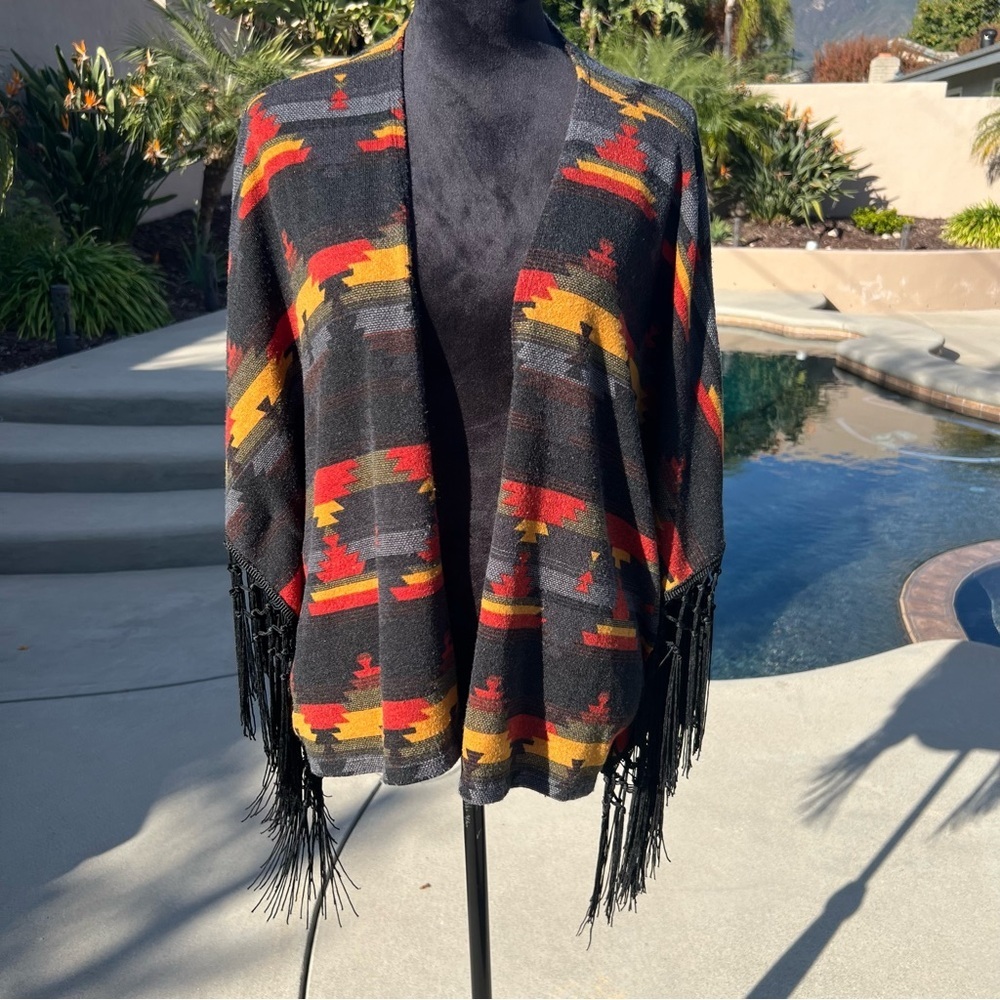 Wrangler Southwestern Fringe Cardigan Kimono Open Front Aztec Print Boho S/M
